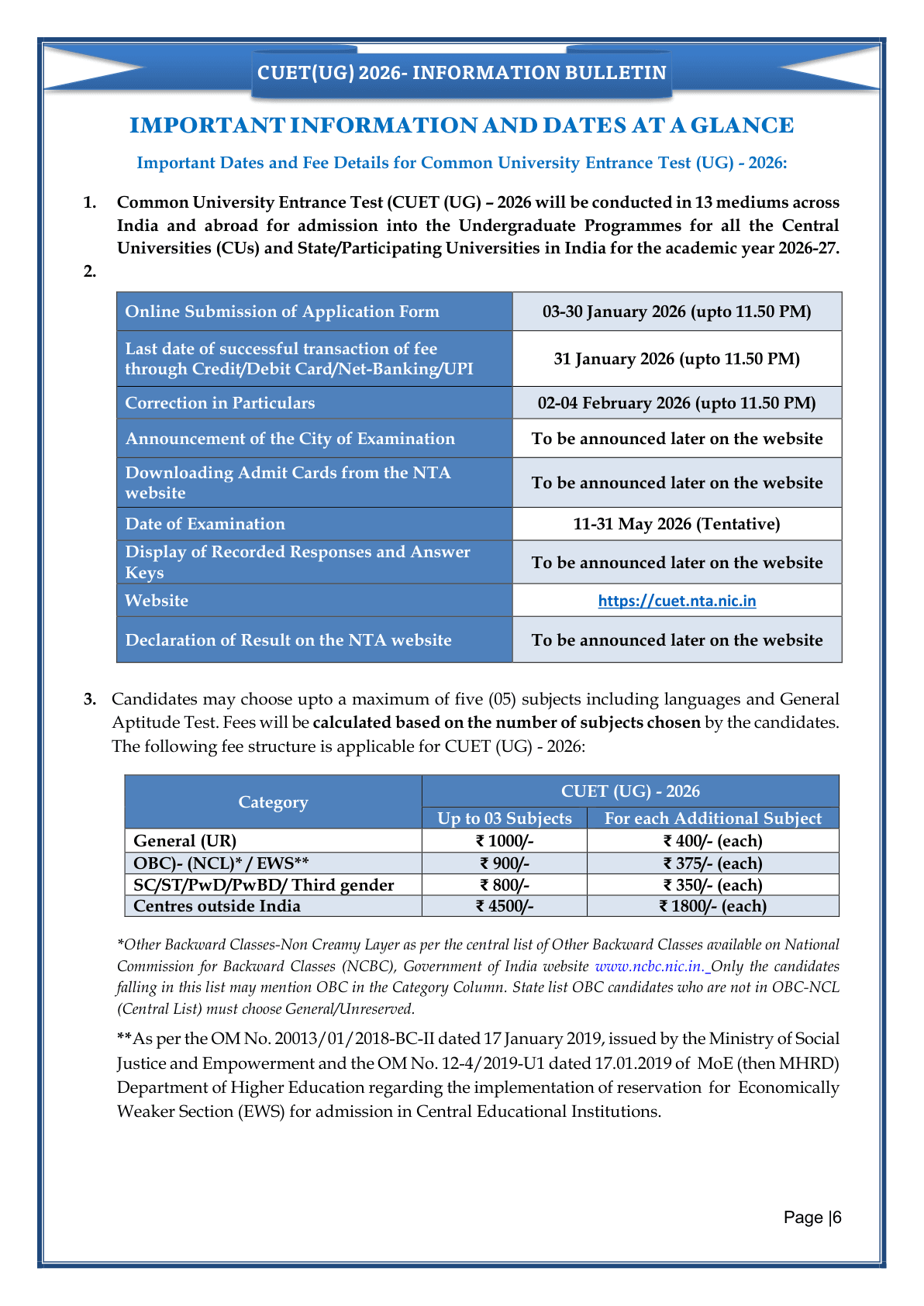 CUET UG 2026 important dates, as published in NTA's official Information Bulletin.
