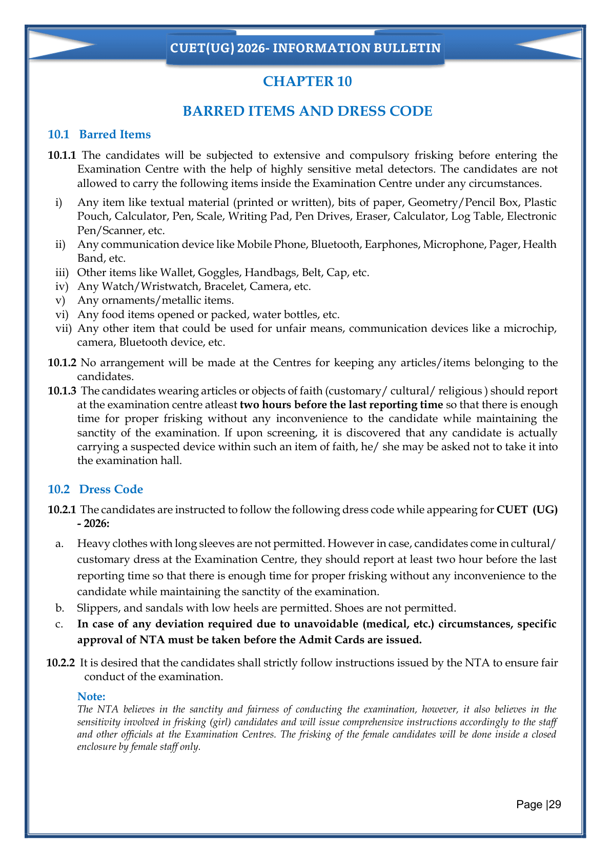 CUET UG 2026 dress code and barred items, from NTA's official bulletin.