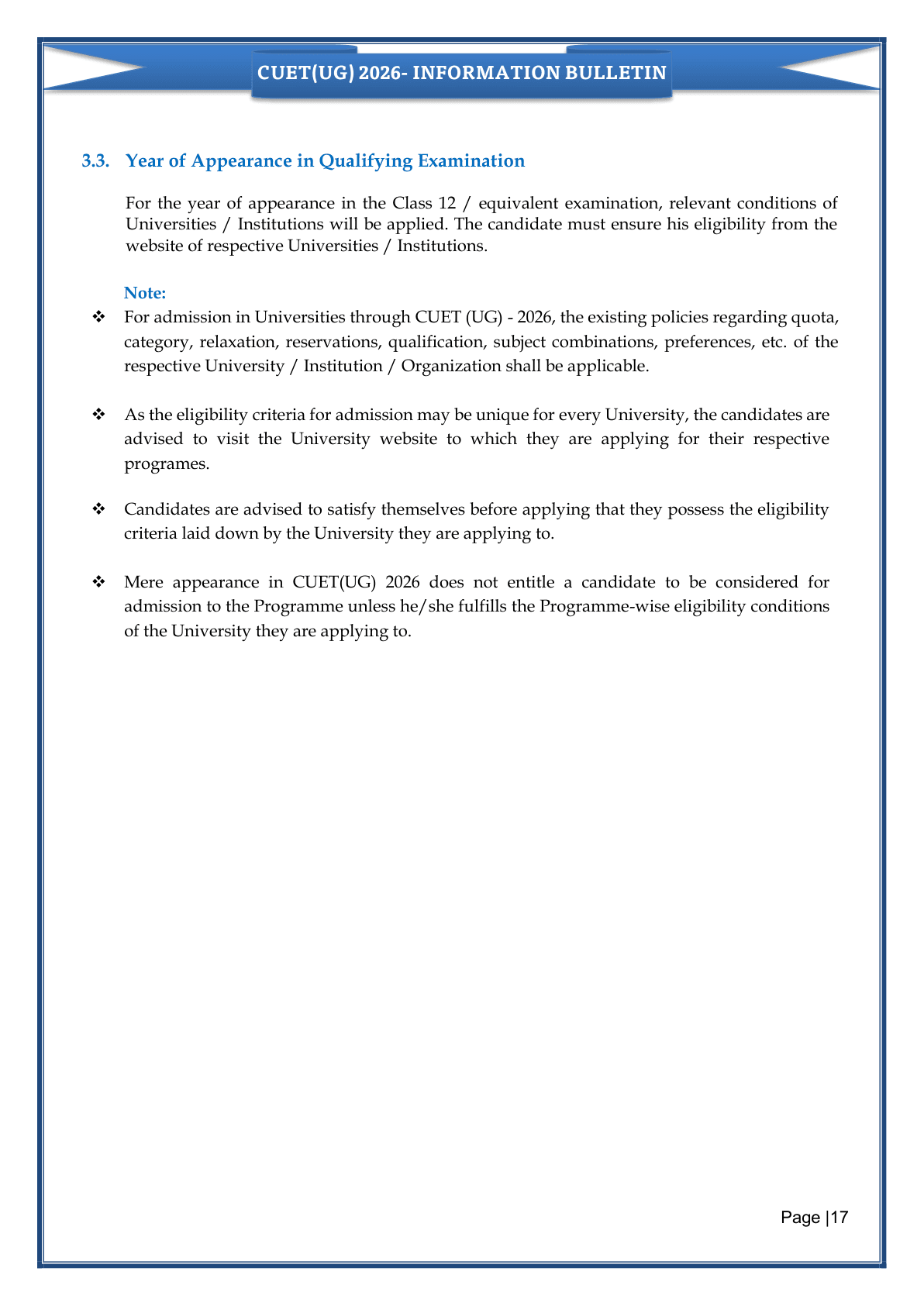 CUET UG 2026 eligibility criteria, from NTA's official Information Bulletin.