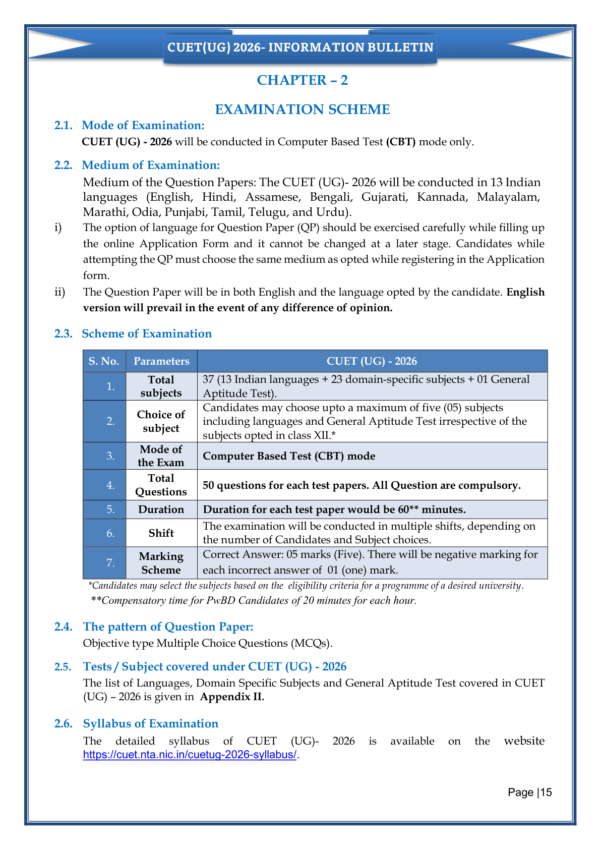 CUET UG 2026 syllabus reference, from NTA's official Information Bulletin.