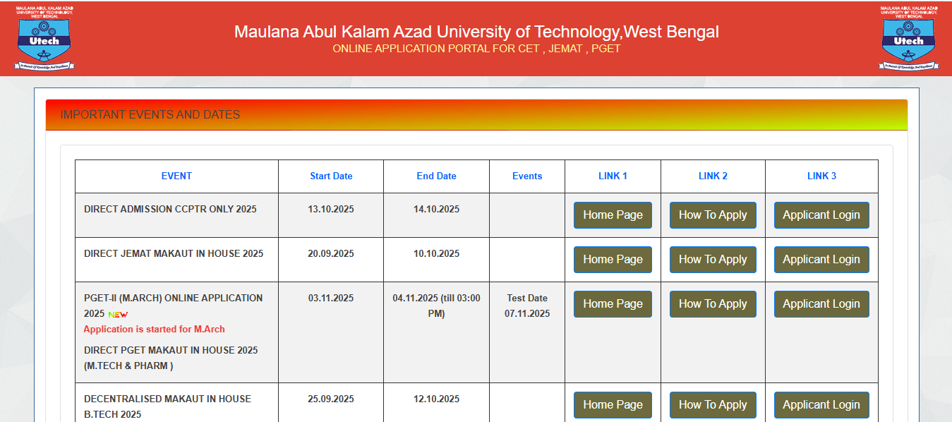 MAKAUT Admission Page